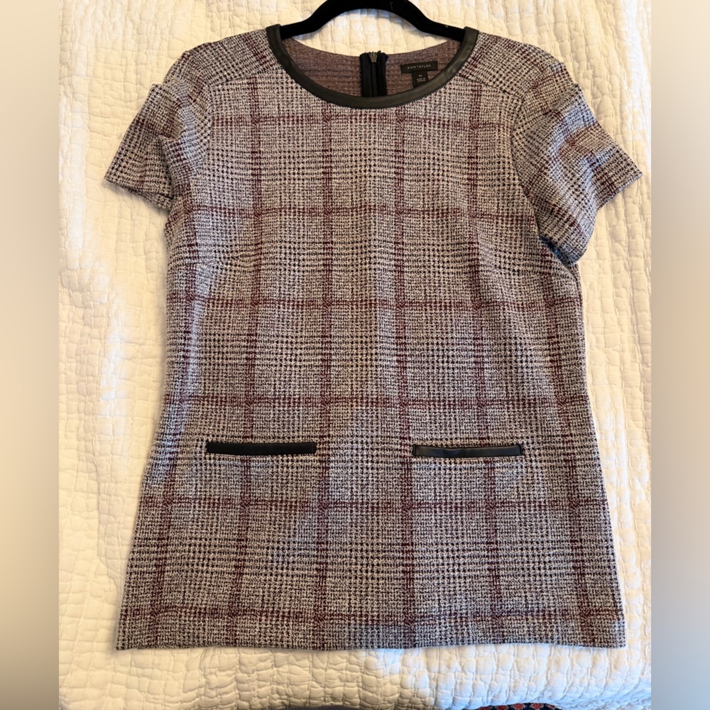 Ann Taylor Plaid Short Sleeve Top Leather Detail